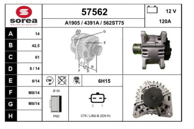 Alternateur 1.5 dci Renault clio4 captur Mégane 3 duster dokker logan 2 sander 2 réf:57562